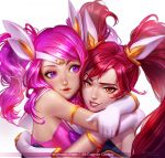 2016 2girls :d alternate_costume alternate_hair_color alternate_hairstyle armlet arms_around_neck bangs bare_shoulders bow bowtie breasts brown_eyes dated elbow_gloves eyelashes eyeliner facebook_username female gloves grin hair_ornament hand_on_another&#039;s_back headband highres hug jinx_(league_of_legends) league_of_legends lips lipstick looking_at_another looking_at_viewer looking_to_the_side luxanna_crownguard magical_girl makeup mascara messy_hair multiple_girls mutual_hug nose nutthapon_petchthai open_mouth parted_bangs parted_lips pink_hair pink_lips purple_bow purple_bowtie red_lips red_lipstick redhead sailor_collar school_uniform serafuku signature simple_background sleeveless smile star star_guardian_jinx star_guardian_lux swept_bangs twintails upper_body violet_eyes white_gloves white_hair 