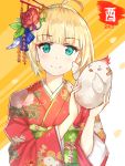  1girl 2017 ahoge alternate_costume aqua_eyes bandaid bird blonde_hair chicken eyebrows_visible_through_hair fate/stay_night fate_(series) floral_print flower furisode hair_flower hair_ornament holding japanese_clothes kimono long_sleeves looking_at_viewer nengajou new_year obi petals saber sash short_hair smile solo upper_body wide_sleeves year_of_the_rooster z_shichao 