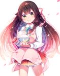 1girl apron blush bow bowl bowtie braid brown_hair cherry_blossoms closed_mouth commentary_request food hair_ornament head_tilt holding holding_bowl long_hair long_sleeves looking_at_viewer moe_on_drop original pink_apron smile solo yellow_eyes 