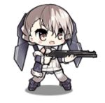  1girl animated animated_gif armor chibi full_body girls_frontline gun lowres official_art one_eye_closed rmb-93 rmb-93_(girls_frontline) short_hair shotgun silver_hair solo weapon yellow_eyes 