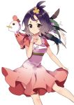  1girl :3 absurdres acerola_(pokemon) alternate_breast_size arbitrary bangs bare_arms bare_legs breasts cleavage closed_mouth collarbone costume cowboy_shot dress dress_lift elite_four eyes_visible_through_hair feathers hair_ornament highres looking_at_viewer medium_breasts mimikyu new_year outline pink_dress pokemon pokemon_(creature) pokemon_(game) pokemon_sm purple_hair rooster_costume short_eyebrows short_hair short_sleeves simple_background smile solo stitches topknot trial_captain violet_eyes white_background year_of_the_rooster 