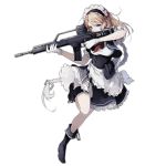  1girl apron assault_rifle blonde_hair blue_eyes braid full_body g36 g36_(girls_frontline) girls_frontline gloves gun long_hair looking_at_viewer magazine_(weapon) maid maid_apron maid_headdress official_art personification rifle skirt solo transparent_background very_long_hair weapon 