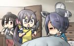  3girls akebono_(kantai_collection) alternate_costume apron bed bed_sheet bedroom bell brushing_teeth closed_eyes commentary_request cowboy_shot eyepatch flower hair_bell hair_between_eyes hair_flower hair_ornament hair_over_one_eye hamu_koutarou highres jingle_bell kantai_collection long_hair looking_at_another multiple_girls nagato_(kantai_collection) open_door open_mouth purple_hair red_eyes school_uniform serious short_hair side_ponytail sportswear tenryuu_(kantai_collection) towel towel_around_neck under_covers very_long_hair violet_eyes waking_up wavy_mouth wooden_wall 