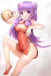  1girl bangs blurry boruhis breasts china_dress chinese_clothes cleavage_cutout depth_of_field double_bun dress fighting_stance hair_bobbles hair_ornament highres holding kettle leg_up long_hair looking_at_viewer medium_breasts open_mouth purple_hair ranma_1/2 red_shoes shampoo_(ranma_1/2) shoes short_dress side_slit simple_background standing standing_on_one_leg violet_eyes white_background 