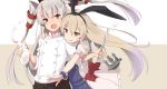  2girls amatsukaze_(kantai_collection) blonde_hair chef_uniform dress gloves grey_eyes hair_tubes hairband highres kantai_collection leaning_forward long_hair looking_at_another multiple_girls open_mouth pastry_bag ribbed_dress sakamoto-cat shimakaze_(kantai_collection) silver_hair smirk standing two_side_up upper_body white_dress white_gloves windsock yellow_eyes 