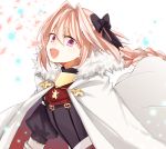  1boy braid cape fang fate/apocrypha fate_(series) hair_ribbon long_hair looking_at_viewer moe-e-ko open_mouth pink_hair ribbon rider_of_black single_braid smile solo trap violet_eyes white_cape 
