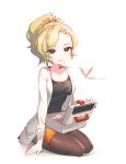  1girl black_legwear blonde_hair breasts casual character_name first_aid_kit full_body green_eyes labcoat looking_at_viewer medium_breasts mercy_(overwatch) miniskirt ng_(kimjae737) overwatch pantyhose pencil_skirt ponytail red_cross skirt smile solo 