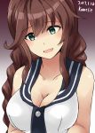  1girl aqua_eyes artist_name auburn_hair bare_shoulders blush braid breasts collarbone commentary_request dated eyebrows_visible_through_hair gradient gradient_background highres kamelie kantai_collection large_breasts long_hair looking_at_viewer noshiro_(kantai_collection) open_mouth shaded_face shiny shiny_hair solo tank_top twin_braids 