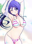  1girl :d absurdres ankoiri armpits arms_up bikini blush breasts cleavage grin highres large_breasts long_hair looking_at_viewer love_live! love_live!_sunshine!! matsuura_kanan navel one_eye_closed open_mouth ponytail purple_hair shirt smile solo swimsuit undressing violet_eyes 