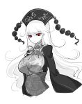  1girl breasts chinese_clothes crescent frown greyscale hat highres junko_(touhou) large_breasts long_hair long_sleeves looking_at_viewer monochrome no_nose pointy_ears raptor7 red_eyes solo spot_color tabard touhou upper_body wide_sleeves 