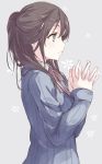  1girl blush brown_hair expressionless grey_background grey_eyes hair_over_shoulder half_updo hands_clasped highres hiwatari_rin long_hair neck_ribbon original profile ribbon sidelocks simple_background solo sweater tied_hair upper_body 