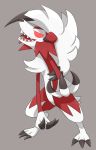  claws fangs furry highres lycanroc pokemon pokemon_(game) pokemon_sm red_eyes red_fur white_fur wolf 