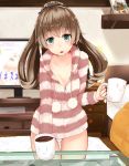  1girl alternate_costume aqua_eyes bed breasts brown_hair casual coffee coffee_mug collarbone cup framed_image glass_table hair_ornament holding holding_cup indoors kanna_(horntp) kantai_collection kumano_(kantai_collection) long_hair looking_at_viewer mat open_mouth panties pantyshot pantyshot_(standing) pom_pom_(clothes) ponytail solo standing striped_hoodie striped_jacket suzuya_(kantai_collection) table television_screen twitter_username underwear white_panties 
