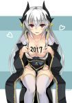  1girl 2017 bangs blush body_writing breasts cleavage collarbone eyebrows_visible_through_hair fate/grand_order fate_(series) hair_between_eyes heart horns japanese_clothes kimono kiyohime_(fate/grand_order) kurokage large_breasts long_hair looking_at_viewer obi open_mouth red_eyes sash silver_hair sitting solo thigh-highs twitter_username white_legwear wide_sleeves 