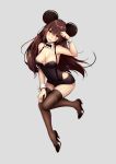  1girl :p animal_ears bangs bare_shoulders between_breasts black_bow black_bowtie black_shoes black_shorts blush bow bowtie breasts brown_eyes brown_hair brown_legwear cleavage covered_navel detached_collar eyelashes fur_trim gogatsu_no_renkyuu grey_background hair_between_eyes hand_on_own_thigh hand_up high_heels highres long_hair looking_at_viewer matching_hair/eyes medium_breasts mouse_ears mouse_tail original paw_pose shiny shiny_hair shoes short_shorts shorts simple_background skin_tight skindentation solo strapless suspender_shorts suspenders tail thigh-highs tongue tongue_out wrist_cuffs 