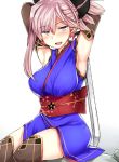  1girl armpits arms_up blue_eyes blush breasts commentary_request elbow_gloves eyebrows_visible_through_hair fate/grand_order fate_(series) folded_ponytail gloves japanese_clothes jirou_(tamaho39) katana large_breasts looking_at_viewer miyamoto_musashi_(fate/grand_order) obi open_mouth sash shirt simple_background sitting sleeveless sleeveless_shirt solo sword thigh-highs weapon white_background 
