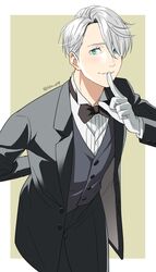  1boy 92_(artist) blue_eyes bow bowtie finger_to_mouth formal gloves hair_over_one_eye highres leaning_forward male_focus silver_hair smile suit viktor_nikiforov waistcoat white_gloves yuri!!!_on_ice 