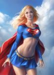  1girl belt blonde_hair blue_eyes blue_sky cape clouds dc_comics midriff miniskirt navel skirt sky smile solo supergirl superhero superman_(series) warren_louw 