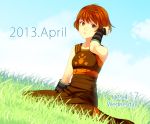  1girl 2013 boots dated day dorothy_(fire_emblem) fire_emblem fire_emblem:_fuuin_no_tsurugi freckles grass orange_eyes orange_hair ouse_(otussger) short_hair sitting sky solo 