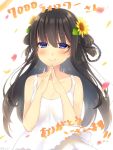  1girl bangs bare_shoulders black_hair blue_eyes blush braid breasts cleavage closed_mouth collarbone dress eyebrows_visible_through_hair fingers_together followers hair_between_eyes hair_ornament half-closed_eyes highres jiiwara long_hair looking_at_viewer medium_breasts original own_hands_together petals smile solo sundress upper_body white_background white_dress 