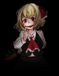  1girl blonde_hair blood blood_on_face dark fuutou_(huutouhu) open_mouth red_eyes rumia shirt short_hair tongue tongue_out touhou vest 