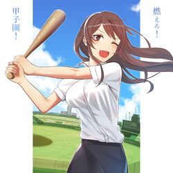  1girl ;d absurdres ashigara_(kantai_collection) baseball_bat blue_skirt brown_eyes brown_hair clouds female grass hair_ornament hairband highres japanese kantai_collection kitazawa_(embers) long_hair matching_hair/eyes open_mouth outdoors shirt skirt sky smile solo text translated white_shirt wink 