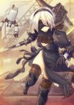 1girl absurdres bibisuka black_dress black_gloves blindfold boots breasts brown_legwear cleavage cleavage_cutout dress gloves hairband highres mole mole_under_mouth nier_(series) nier_automata parted_lips pod_(nier_automata) short_hair side_slit solo sword thigh-highs thigh_boots weapon white_hair yorha_no._2_type_b yorha_unit_no._2_type_b 