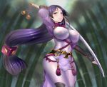  1girl arm_up blush breasts covered_navel curvy doyouwantto erect_nipples fate/grand_order fate_(series) huge_breasts long_hair looking_at_viewer low-tied_long_hair minamoto_no_raikou_(fate/grand_order) purple_hair smile solo standing sword thick_thighs thighs very_long_hair violet_eyes weapon wide_hips 