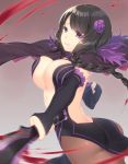  1girl ass bangs black_dress black_hair bouncing_breasts braid breasts capelet cleavage cowboy_shot dress elbow_gloves elsa_granhilte eyebrows_visible_through_hair fingerless_gloves floating_hair flower gloves hair_flower hair_ornament highres holding holding_weapon jiiwara large_breasts long_hair looking_at_viewer mole mole_under_eye motion_blur pantyhose parted_lips pelvic_curtain purple_flower re:zero_kara_hajimeru_isekai_seikatsu revealing_clothes smile solo swept_bangs twisted_torso violet_eyes weapon 