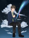  1boy black_hair black_pants black_shoes blue_eyes blue_jacket clouds comet diffraction_spikes full_body green_necktie highres jacket kimi_no_na_wa looking_at_viewer necktie night night_sky pants red_ribbon ribbon shoes sitting_on_cloud sky solo star_(sky) starry_sky striped striped_necktie tachibana_taki wakata wrist_ribbon 