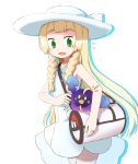  1girl bag blonde_hair braid cosmog dress duffel_bag fang green_eyes hat lillie_(pokemon) long_hair open_mouth pokemon pokemon_(creature) pokemon_(game) pokemon_sm see-through simple_background sleeveless sleeveless_dress sun_hat tamutamu-t twin_braids white_background white_dress white_hat 