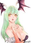  1girl bangs bare_shoulders bat_wings breasts bridal_gauntlets cleavage collarbone demon_girl fingernails green_hair head_wings heart_cutout highres index_finger_raised large_breasts long_fingernails long_hair looking_at_viewer mamun morrigan_aensland nail_polish parted_lips red_nails solo succubus twitter_username upper_body vampire_(game) white_background wings yellow_eyes 