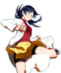  1girl bangs belly_peek bike_shorts black_hair blue_eyes blue_hair breasts clenched_hand clenched_teeth crystal_(pokemon) emje_(uncover) eyelashes gluteal_fold labcoat leg_up long_sleeves looking_away matching_hair/eyes medium_breasts miniskirt outline pleated_skirt pokemon pokemon_special shiny shiny_hair shoes shorts shorts_under_skirt skirt skirt_lift solo standing standing_on_one_leg teeth transparent_background turtleneck twintails upskirt yellow_shorts yellow_skirt 
