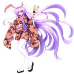  1girl absurdly_long_hair animal_ears breasts furisode highres japanese_clothes kimono kou_(inaba) l large_breasts lavender_hair long_hair looking_at_viewer obi open_mouth rabbit_ears red_eyes reisen_udongein_inaba sash short_kimono simple_background solo tabi thigh-highs touhou very_long_hair white_background white_legwear wide_sleeves zettai_ryouiki 