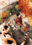  &gt;:) 1boy animal autumn autumn_leaves black_hair blurry bucket bush calico cat chopsticks cooking depth_of_field falling_leaves fan fish fisheye flip-flops food from_above garden grass grill grilling ground gym_uniform haikyuu!! hair_between_eyes hand_on_hip holding holding_fan jacket kuroo_tetsurou legs_apart looking_at_viewer looking_up male_focus midoripurin outdoors pants paper_fan plant potted_plant red_jacket red_pants rooftop sandals shichirin shirt sleeves_pushed_up smile smoke standing t-shirt uchiwa wall 