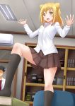  &gt;:d 1boy 1girl :d bangs black_legwear blonde_hair blush brown_skirt demi-chan_wa_kataritai dress_shirt fang highres indoors kazenokaze long_hair long_sleeves open_mouth pointy_hair school_uniform shelf shirt skirt smile socks standing takahashi_tetsuo takanashi_hikari white_shirt yellow_eyes 