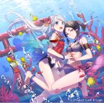  2girls :d air_bubble animal anklet armband asahikawa_hiyori bangs barefoot bead_bracelet bead_necklace beads bikini black_hair black_swimsuit blue_eyes bracelet closed_mouth copyright_name coral dress fish freediving hair_ornament hair_ribbon holding_breath jewelry long_hair looking_at_viewer looking_up luck_&amp;_logic midriff multiple_girls navel necklace one-piece_swimsuit open_mouth ponytail purple_bikini red_dress red_ribbon ribbon short_hair silver_hair smile solo swimming swimsuit teeth thighs torii underwater violet_eyes watermark 