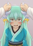  1girl aqua_hair bangs blush embarrassed fate/grand_order fate_(series) grey_background hair_between_eyes highres horn_grab horns japanese_clothes kimono kiyohime_(fate/grand_order) long_hair long_sleeves looking_at_viewer motion_lines obi open_mouth pov ru2n131 sash sidelocks simple_background solo_focus sweat upper_body wavy_mouth yellow_eyes 