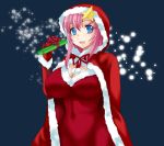  1girl blue_eyes blush breasts cleavage covered_navel elbow_gloves fur_trim gift gloves gundam gundam_seed gundam_seed_destiny hair_ornament hood large_breasts long_hair looking_at_viewer meer_campbell open_mouth pink_hair red_gloves smile solo star star_hair_ornament tooru_jin upper_body 