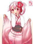 1girl :d alternate_costume alternate_hairstyle flower fur_collar hair_flower hair_ornament harusame_(kantai_collection) highres kanon_(kurogane_knights) kantai_collection long_hair looking_at_viewer obi open_mouth pink_eyes pink_hair sash simple_background sketch smile solo white_background 