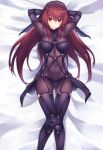  1girl arms_behind_back bangs bed_sheet black_legwear black_panties blush bodysuit breasts brown_hair closed_mouth covered_navel eyebrows_visible_through_hair fate/grand_order fate_(series) hair_between_eyes highres kurifuto large_breasts long_hair looking_at_viewer lying on_back panties red_eyes scathach_(fate/grand_order) smile solo thigh-highs underwear veil 