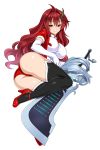  1girl ass between_legs black_legwear breasts elbow_gloves full_body gloves hair_ornament highres kisaragi_setsuna kure_masahiro large_breasts long_hair looking_at_viewer official_art pumps red_eyes redhead short_sleeves simple_background smile solo sword thigh-highs twisted_torso valkyrie_drive valkyrie_drive_-siren- weapon white_background white_gloves 