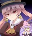  &gt;:d 2girls :d akeyama animal_hat blood bunny_hat clenched_hands closed_mouth cross cross_earrings dolce_(rune_factory) earrings eyebrows_visible_through_hair frown fur_collar gradient gradient_background green_eyes hair_between_eyes hat head_tilt jewelry long_hair looking_at_viewer multiple_girls nosebleed open_mouth pico_(rune_factory) pink_hair pointy_ears purple_hair red_eyes rune_factory rune_factory_4 shaded_face smile sparkle sparkling_eyes top_hat tsurime twintails whiskers |_| 