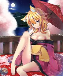  1girl animal_ears bangs bare_shoulders blonde_hair breasts brown_eyes cat_ears cleavage collarbone eyebrows_visible_through_hair full_moon hair_between_eyes holding holding_umbrella japanese_clothes jiiwara kimono kimono_pull large_breasts long_legs looking_at_viewer moon night night_sky oriental_umbrella original parted_lips porch purple_kimono sash sitting sky solo umbrella 