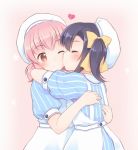  2girls ;) ^_^ akeyama apron arms_around_neck beret black_hair blue_dress blush bow closed_eyes closed_mouth dress eyebrows_visible_through_hair hair_bow hakuisei_aijou_isonshou hands_on_another&#039;s_back hat heart hug incest multiple_girls nurse one_eye_closed oosachi_asuka oosachi_nao pink_background pink_eyes pink_hair profile puffy_short_sleeves puffy_sleeves short_sleeves short_twintails siblings sideways_mouth sisters smile star striped striped_dress twintails white_hat yellow_bow yuri 