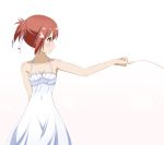  1girl arm_behind_back blush collarbone dress eyebrows_visible_through_hair frilled_dress frills hair_ornament halterneck highres looking_to_the_side ototsu_(nitta225) parted_lips pinky_out profile red_eyes red_string redhead short_hair short_ponytail sideways_mouth simple_background solo spaghetti_strap string sundress white_background white_dress yuuki_yuuna yuuki_yuuna_wa_yuusha_de_aru yuusha_de_aru 