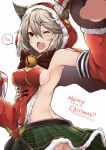  1girl ;d animal_ears armpits ass bangs bell blush breasts brown_eyes claws cowboy_shot erun_(granblue_fantasy) eyebrows_visible_through_hair fang from_behind fur_trim granblue_fantasy green_skirt grey_hair hair_between_eyes highres jingle_bell kurifuto looking_at_viewer medium_breasts merry_christmas one_eye_closed open_mouth paw_pose paws pleated_skirt santa_costume sen_(granblue_fantasy) sideboob simple_background skirt smile solo speech_bubble white_background 