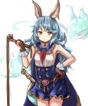  1girl animal_ears armpits bangs baram bare_shoulders belt blue_hair blue_skirt breasts brown_eyes brown_gloves cape cowboy_shot erun_(granblue_fantasy) ferry_(granblue_fantasy) gloves granblue_fantasy hand_on_hip high-waist_skirt long_hair looking_at_viewer neck_ribbon parted_lips ribbon sideboob skirt sleeveless small_breasts solo swept_bangs triangle_mouth wavy_hair whip 