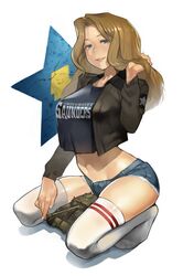  1girl absurdres arched_back black_shirt blonde_hair blue_eyes blue_shorts breasts crop_top crop_top_overhang cropped_jacket cutoffs denim denim_shorts full_body girls_und_panzer ground_vehicle hair_flip highres kay_(girls_und_panzer) kneeling large_breasts lips long_hair looking_at_viewer m4_sherman midriff military military_vehicle motor_vehicle navel parted_lips shiny shiny_skin shirt shorts skindentation solo tank thigh-highs thighs wavy_hair white_legwear yomu_(sgt_epper) 