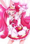  1girl :d animal_ears boots bow cake_hair_ornament choker corset cure_whip earrings extra_ears eyelashes food food_themed_hair_ornament food_themed_ornament fruit full_body gloves hair_ornament hairband happy highres jewelry kirakira_precure_a_la_mode knee_boots long_hair looking_at_viewer magical_girl one_eye_closed open_mouth pink_boots pink_bow pink_hair precure puffy_sleeves rabbit_ears red_eyes sharumon simple_background skirt smile solo strawberry twintails usami_ichika v white_background white_gloves white_skirt 